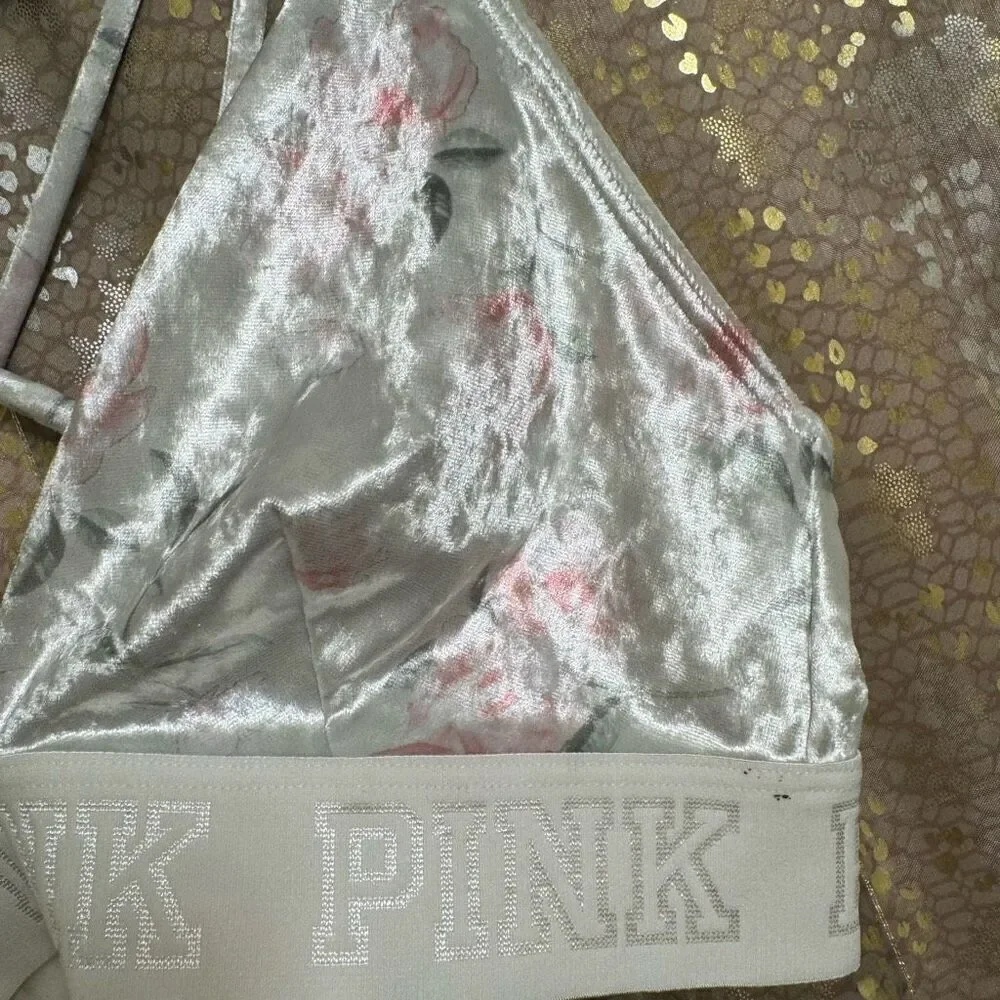 PINK Victorias Secret White Floral Velvet Triangle Strappy Bralette Small‎ NWT